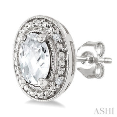 6X4 MM Oval Shape White Topaz and 1/50 Ctw Round Cut Diamond Semi-Precious Earrings in Sterling Silver