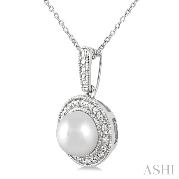 7MM Cultured Pearl and 1/50 Ctw Round Cut Diamond Halo Pendant With Chain in Sterling Silver