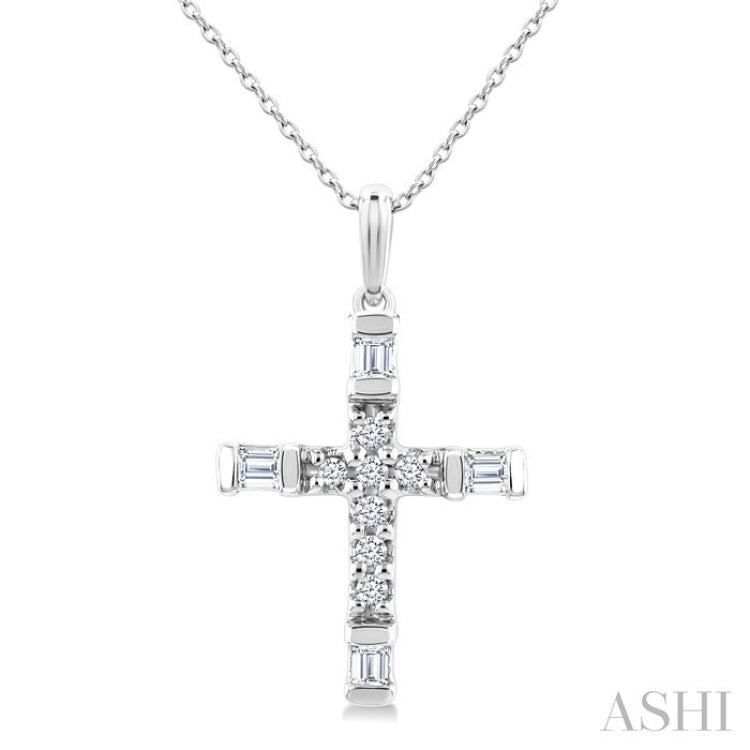 1/20 Ctw Baguette and Round Cut Diamond  Cross Shape Fashion Pendant With Chain in 10K White Gold