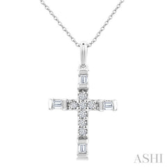 1/20 Ctw Baguette and Round Cut Diamond  Cross Shape Fashion Pendant With Chain in 10K White Gold