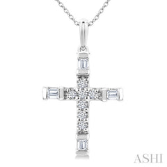 1/20 Ctw Baguette and Round Cut Diamond  Cross Shape Fashion Pendant With Chain in 10K White Gold