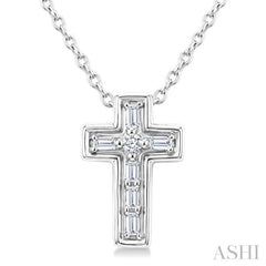 1/20 Ctw Baguette and Round Cut Diamond  Cross Shape Fashion Pendant With Chain in 10K White Gold