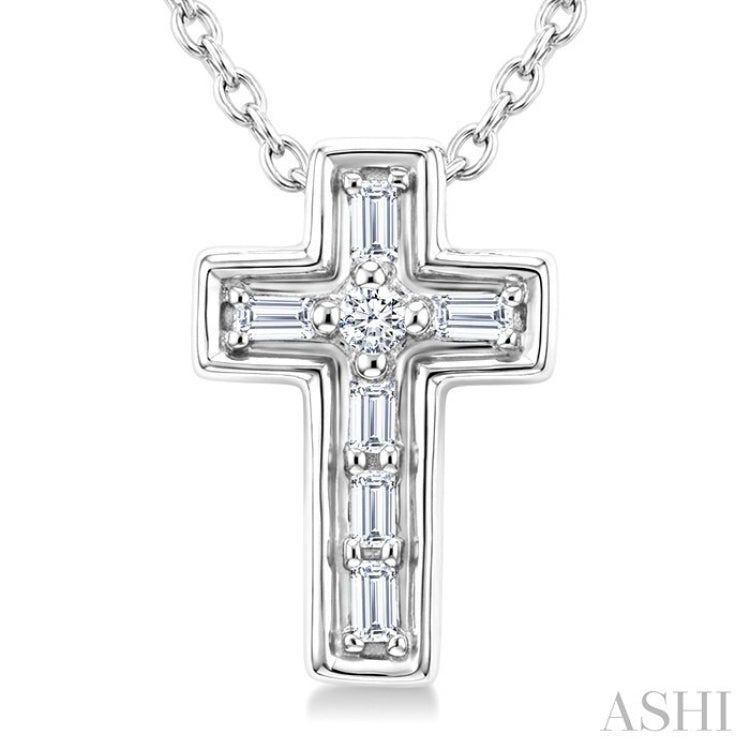 1/20 Ctw Baguette and Round Cut Diamond  Cross Shape Fashion Pendant With Chain in 10K White Gold
