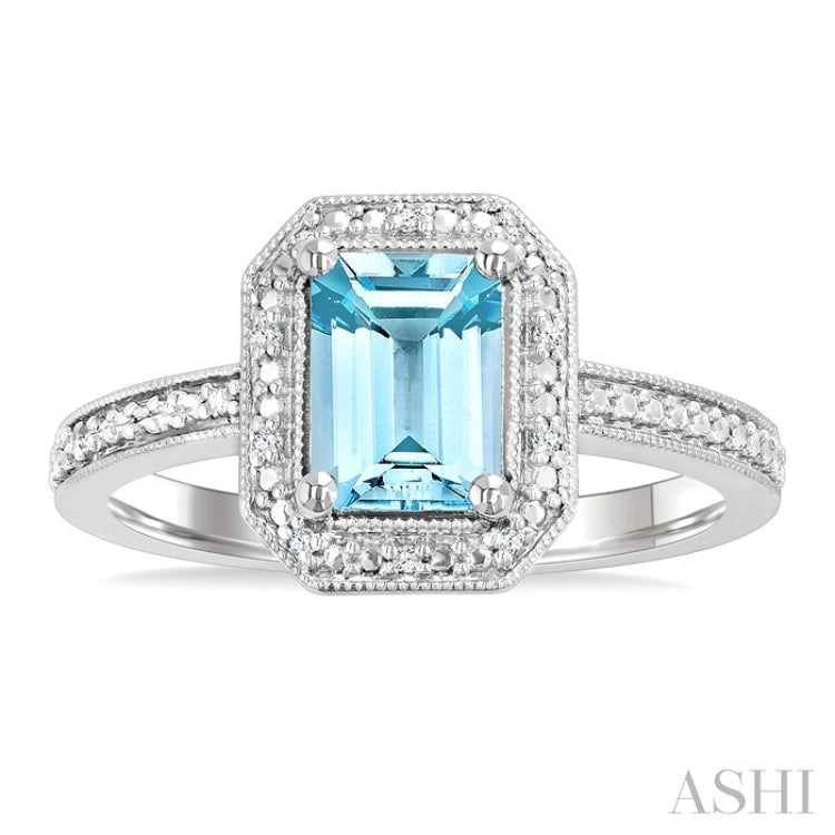 7X5 MM Octagon Shape Aquamarine and 1/50 Ctw Round Cut Diamond Semi-Precious Ring in Sterling Silver