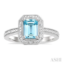 7X5 MM Octagon Shape Aquamarine and 1/50 Ctw Round Cut Diamond Semi-Precious Ring in Sterling Silver