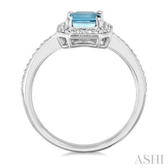 7X5 MM Octagon Shape Aquamarine and 1/50 Ctw Round Cut Diamond Semi-Precious Ring in Sterling Silver