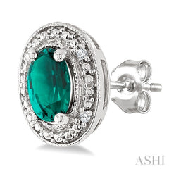 6X4 MM Oval Shape Lab-Created Emerald and 1/50 Ctw Round Cut Diamond Precious Earrings in Sterling Silver
