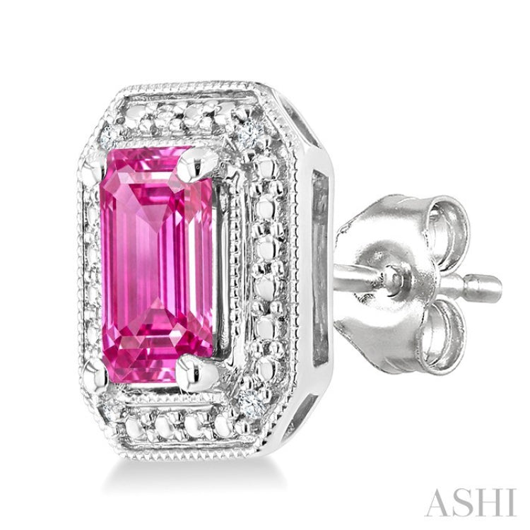 6X4 MM Octagon Shape Lab-Created Pink Sapphire and 1/50 Ctw Round Cut Diamond Precious Earrings in Sterling Silver