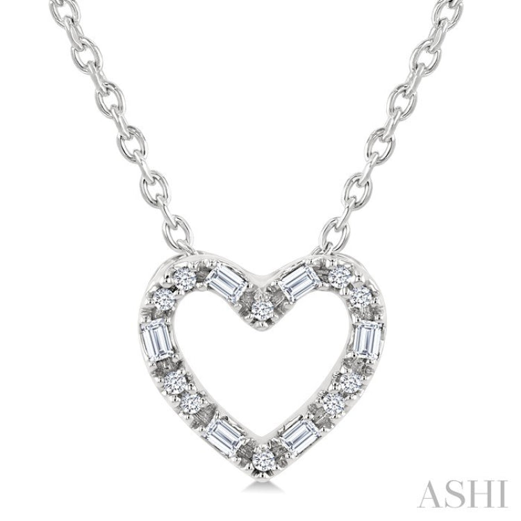 1/10 Ctw Baguette and Round Cut Diamond Heart Shape Fashion Pendant With Chain in 10K White Gold