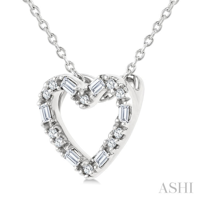 1/10 Ctw Baguette and Round Cut Diamond Heart Shape Fashion Pendant With Chain in 10K White Gold