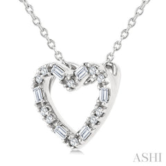 1/10 Ctw Baguette and Round Cut Diamond Heart Shape Fashion Pendant With Chain in 10K White Gold