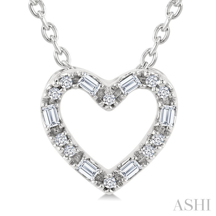 1/10 Ctw Baguette and Round Cut Diamond Heart Shape Fashion Pendant With Chain in 10K White Gold