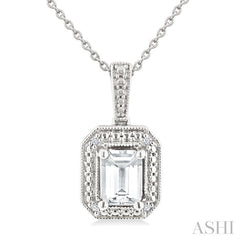 6X4 MM Octagon Shape White Topaz and 1/50 Ctw Round Cut Diamond Semi-Precious Pendant With Chain in Sterling Silver