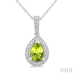 7X5 MM Pear Shape Peridot and 1/50 Ctw Round Cut Diamond Semi-Precious Pendant With Chain in Sterling Silver