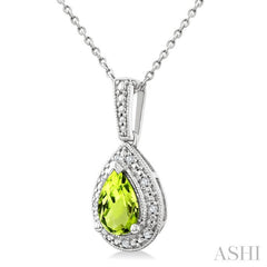 7X5 MM Pear Shape Peridot and 1/50 Ctw Round Cut Diamond Semi-Precious Pendant With Chain in Sterling Silver