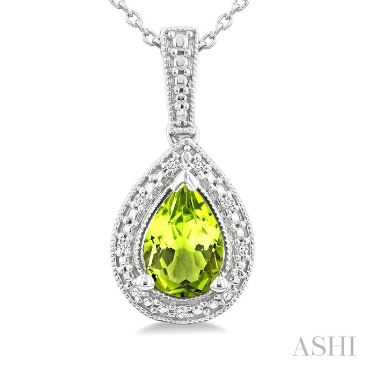 7X5 MM Pear Shape Peridot and 1/50 Ctw Round Cut Diamond Semi-Precious Pendant With Chain in Sterling Silver