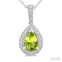 7X5 MM Pear Shape Peridot and 1/50 Ctw Round Cut Diamond Semi-Precious Pendant With Chain in Sterling Silver
