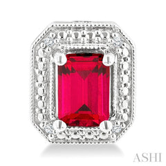 6X4 MM Octagon Shape Lab-Created Ruby and 1/50 Ctw Round Cut Diamond Precious Earrings in Sterling Silver