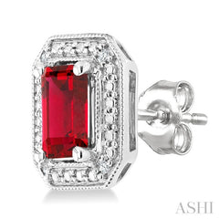 6X4 MM Octagon Shape Lab-Created Ruby and 1/50 Ctw Round Cut Diamond Precious Earrings in Sterling Silver