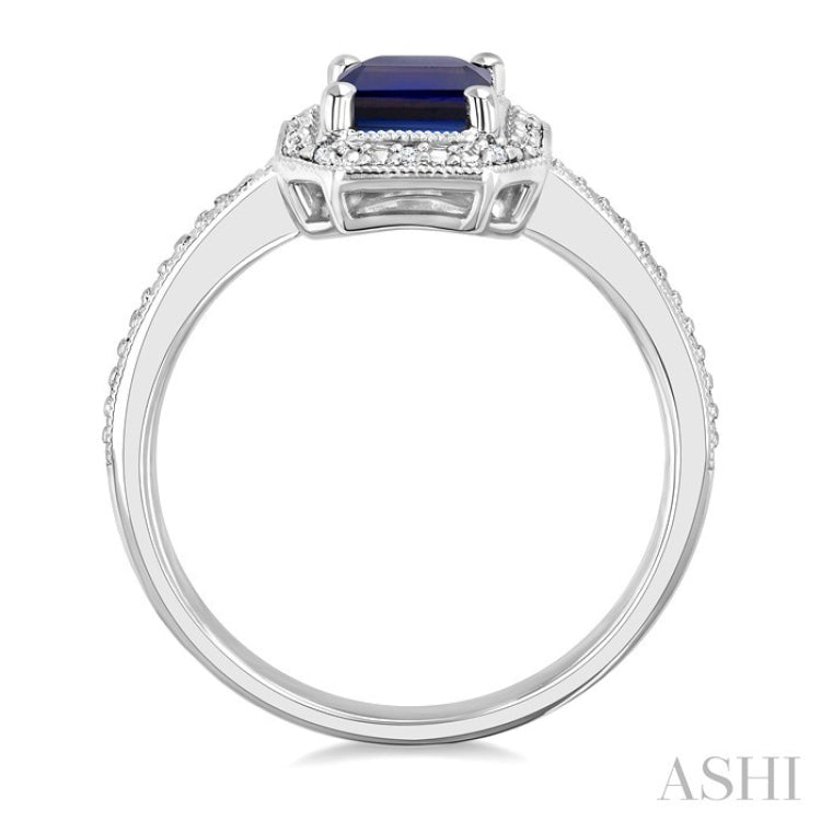 7X5 MM Octagon Shape Lab-Created Sapphire and 1/50 Ctw Round Cut Diamond Precious Ring in Sterling Silver