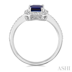 7X5 MM Octagon Shape Lab-Created Sapphire and 1/50 Ctw Round Cut Diamond Precious Ring in Sterling Silver