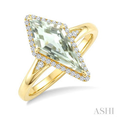 16X7 MM Evoque Gemstone Kite Shape Green Amethyst and 1/6 Ctw Round Cut Diamond Semi-Precious Ring in 10K Yellow Gold