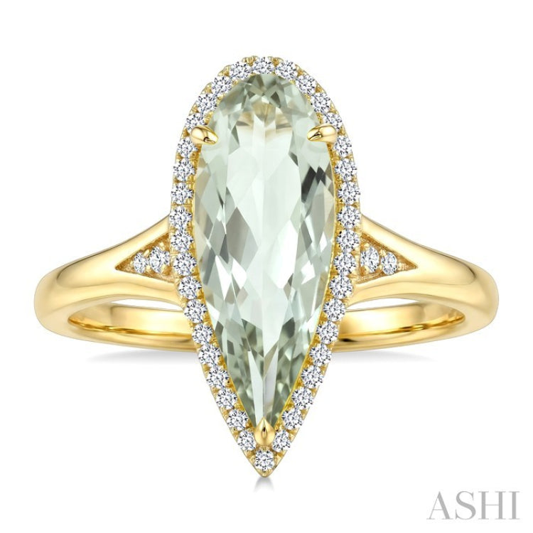 16X6 MM Evoque Gemstone Pear Shape Green Amethyst and 1/6 Ctw Round Cut Diamond Semi-Precious Ring in 10K Yellow Gold