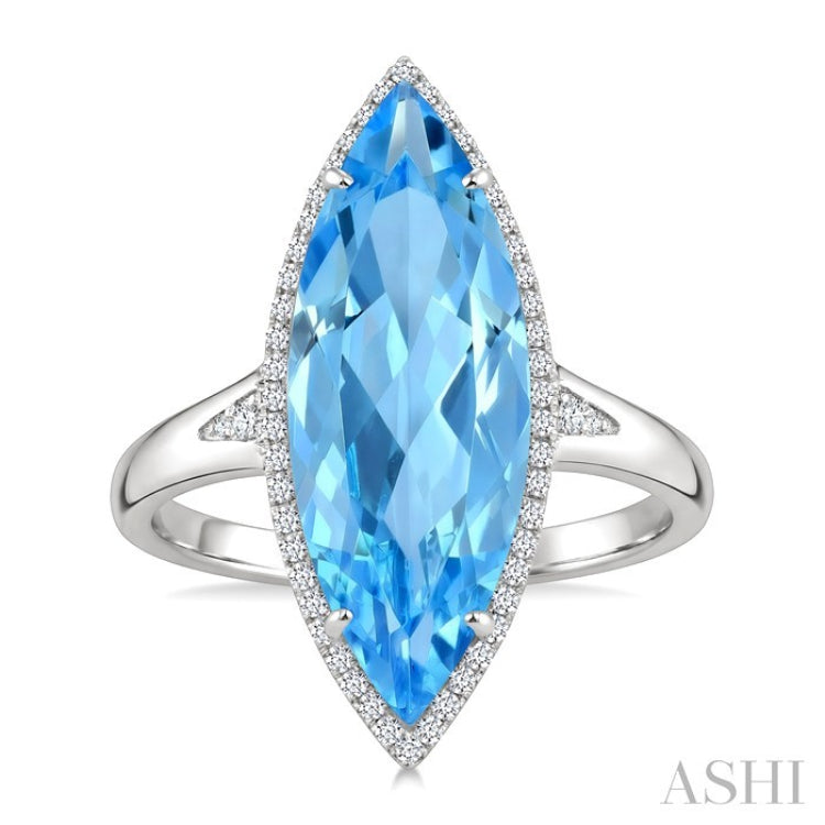 22X8 MM Evoque Gemstones Marquise Shape Blue Topaz and 1/5 Ctw Round Cut Diamond Semi-Precious Ring in 14K White Gold