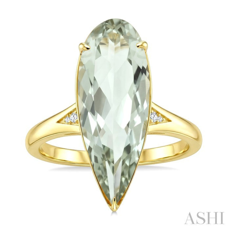 22X8 MM Evoque Gemstone Pear Shape Green Amethyst and 1/50 Ctw Round Cut Diamond Semi-Precious Ring in 14K Yellow Gold