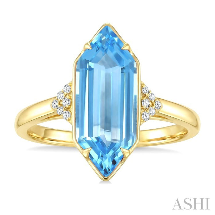16X6 MM Evoque Gemstones Hexagon Shape Blue Topaz and 1/20 Ctw Round Cut Diamond Semi-Precious Ring in 10K Yellow Gold