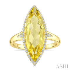 22X8 MM Evoque Gemstones Marquise Shape Lemon Quartz and 1/5 Ctw Round Cut Diamond Semi-Precious Ring in 14K Yellow Gold