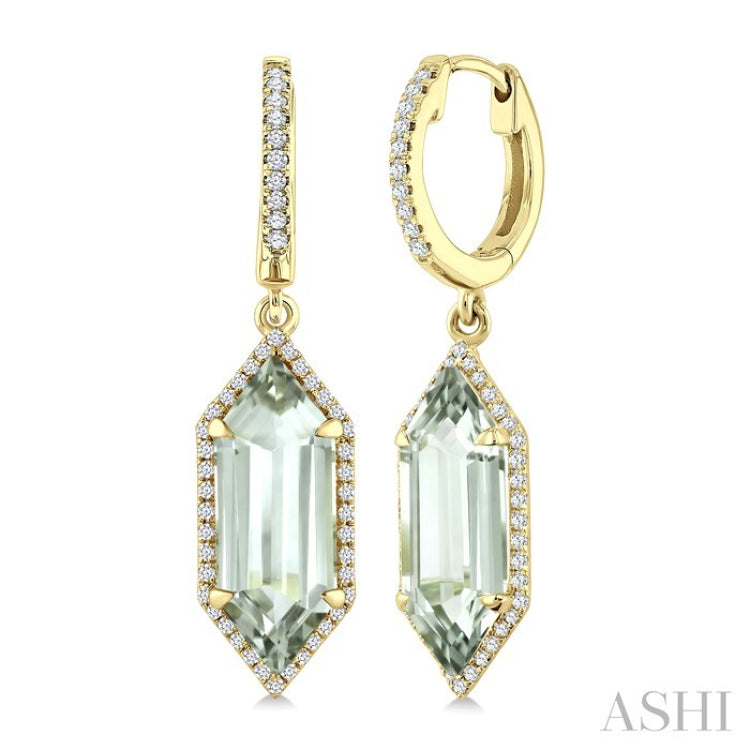 16X6 MM Evoque Gemstones Hexagon Shape Green Amethyst and 3/8 Ctw Round Cut Diamond Semi-Precious Earrings in 14K Yellow Gold
