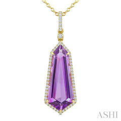 22X9 MM Evoque Gemstones Shield Shape Amethyst and 1/4 Ctw Round Cut Diamond Semi-Precious Pendant With Chain in 14K Yellow Gold