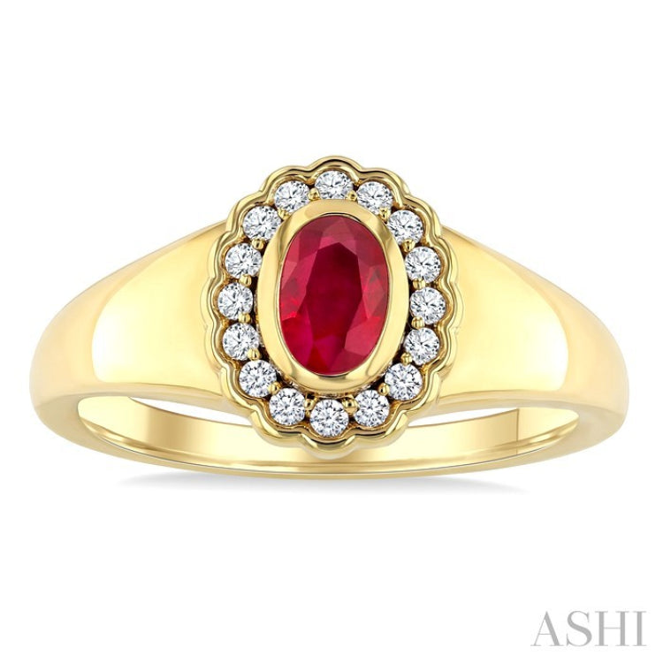 6X4 MM Oval Shape Ruby and 1/6 Ctw Round Cut Diamond Bold Precious Ring in 10K Yellow Gold