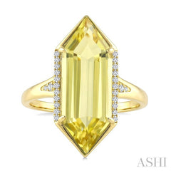 22X8 MM Evoque Gemstones Hexagon Shape Lemon Quartz and 1/10 Ctw Round Cut Diamond Semi-Precious Ring in 14K Yellow Gold