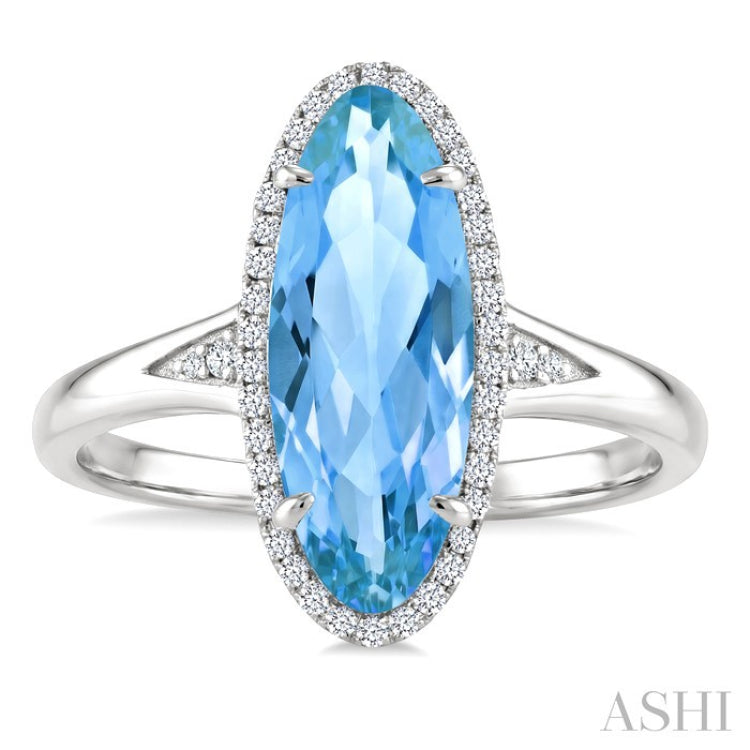 16X6 MM Evoque Gemstones Oval Shape Blue Topaz and 1/6 Ctw Round Cut Diamond Semi-Precious Ring in 10K White Gold