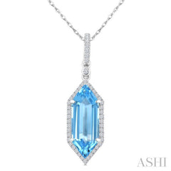 16X6 MM Evoque Gemstones Hexagon Shape Blue Topaz and 1/5 Ctw Round Cut Diamond Semi-Precious Pendant With Chain in 10K White Gold