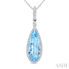 16X6 MM Evoque Gemstones Pear Shape Blue Topaz and 1/5 Ctw Round Cut Diamond Semi-Precious Pendant With Chain in 10K White Gold