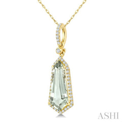 16X7 MM Evoque Gemstone Shield Shape Green Amethyst and 1/5 Ctw Round Cut Diamond Semi-Precious Pendant With Chain in 10K Yellow Gold