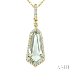 16X7 MM Evoque Gemstone Shield Shape Green Amethyst and 1/5 Ctw Round Cut Diamond Semi-Precious Pendant With Chain in 10K Yellow Gold