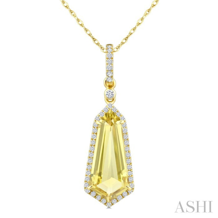 16X7 MM Evoque Gemstones Shield Shape Lemon Quartz and 1/5 Ctw Round Cut Diamond Semi-Precious Pendant With Chain in 10K Yellow Gold