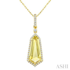 16X7 MM Evoque Gemstones Shield Shape Lemon Quartz and 1/5 Ctw Round Cut Diamond Semi-Precious Pendant With Chain in 10K Yellow Gold