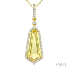 16X7 MM Evoque Gemstones Shield Shape Lemon Quartz and 1/5 Ctw Round Cut Diamond Semi-Precious Pendant With Chain in 10K Yellow Gold