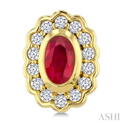 5X3 MM Oval Shape Ruby and 1/5 Ctw Round Cut Diamond Bold Precious Earrings in 10K Yellow Gold