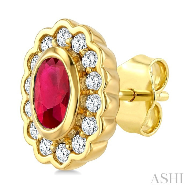 5X3 MM Oval Shape Ruby and 1/5 Ctw Round Cut Diamond Bold Precious Earrings in 10K Yellow Gold