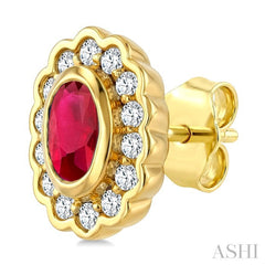 5X3 MM Oval Shape Ruby and 1/5 Ctw Round Cut Diamond Bold Precious Earrings in 10K Yellow Gold