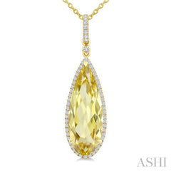 22X8 MM Evoque Gemstones Pear Shape Lemon Quartz and 1/4 Ctw Round Cut Diamond Semi-Precious Pendant With Chain in 14K Yellow Gold
