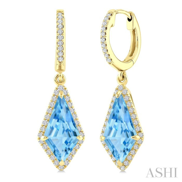 12X5 MM Evoque Gemstones Kite Shape Blue Topaz and 1/3 Ctw Round Cut Diamond Semi-Precious Earrings in 10K Yellow Gold