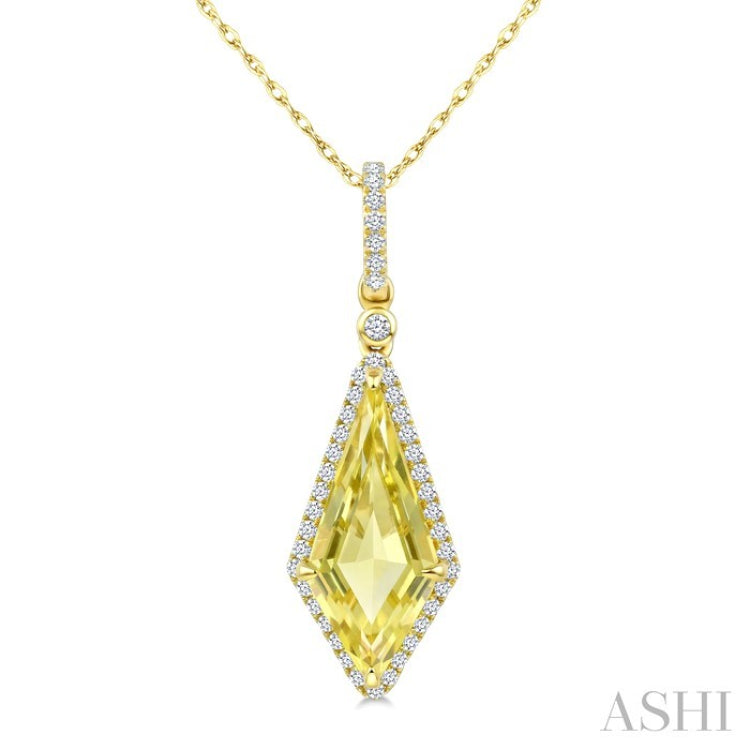16X7 MM Evoque Gemstones Kite Shape Lemon Quartz and 1/5 Ctw Round Cut Diamond Semi-Precious Pendant With Chain in 10K Yellow Gold