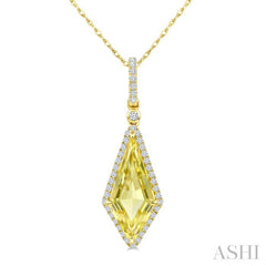 16X7 MM Evoque Gemstones Kite Shape Lemon Quartz and 1/5 Ctw Round Cut Diamond Semi-Precious Pendant With Chain in 10K Yellow Gold